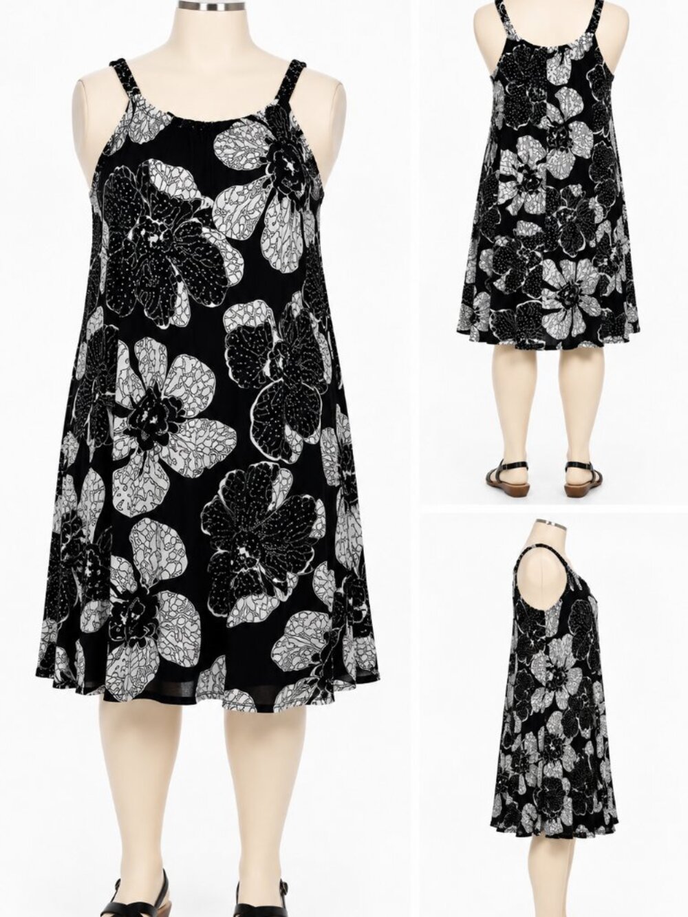 Lane Bryant Black & White Floral Sleeveless Dress – Size 14/16